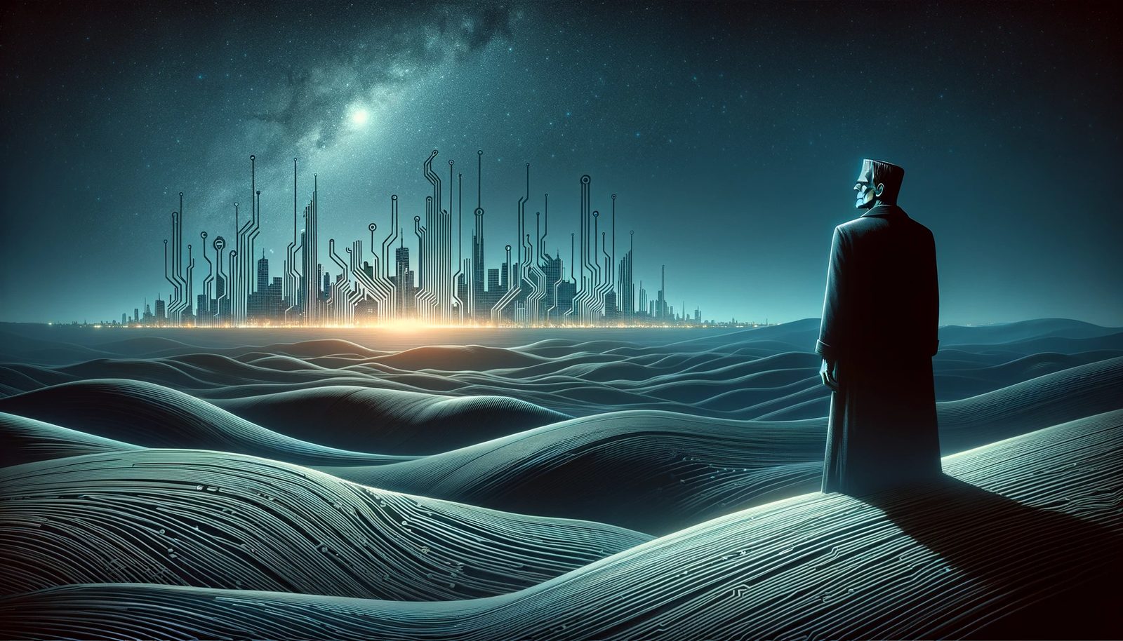 Frankenstein's monster facing a circuit-board city under a starry night sky
