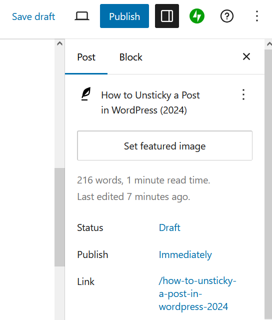 WordPress editor's Post panel, with the Status line reading "Draft"