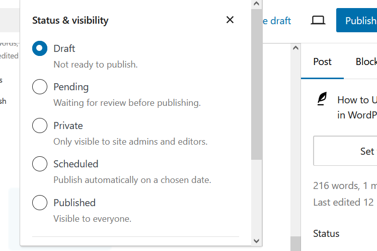 The Status & visibility panel, listing Draft, Pending, Private, Scheduled, and Published options