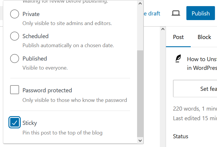 The "Sticky — Pin this post to the top of the blog" checkbox at the bottom of the Status & visibility panel